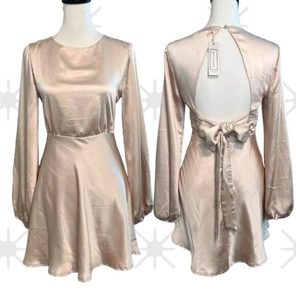Shop Neighbor Satin Champagne Cut out back Long Sleeve Mini Dress Size small - Picture 1 of 14